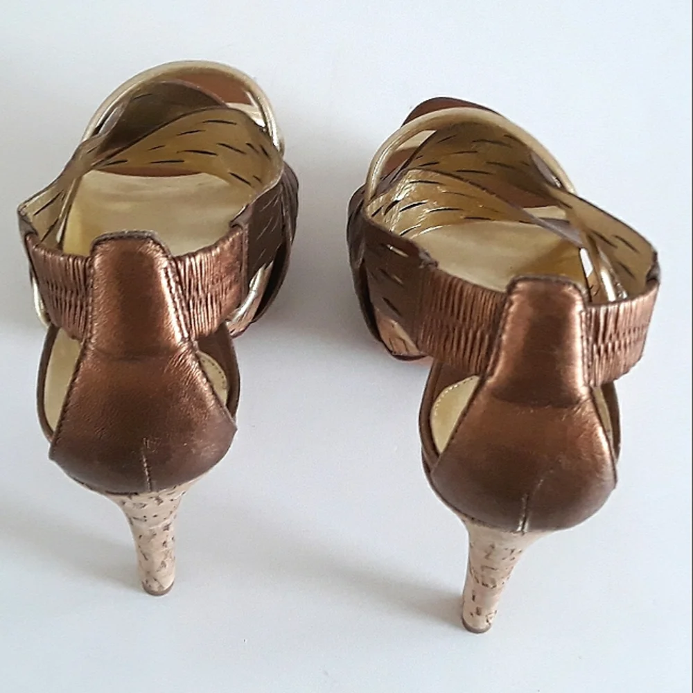 *DVF copper & gold leather slingback cork platform heels 9M Brazil